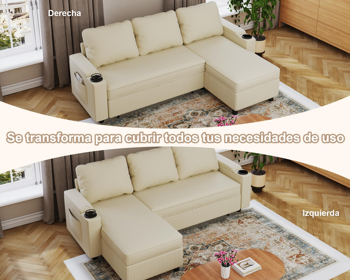 Devoko Sofá Cama L 3 plazas Azul Marino con almacén y portavasos, sofá Convertible Suave para salón y Piso, multifunción con Brazos amplios y Gran almacenaje