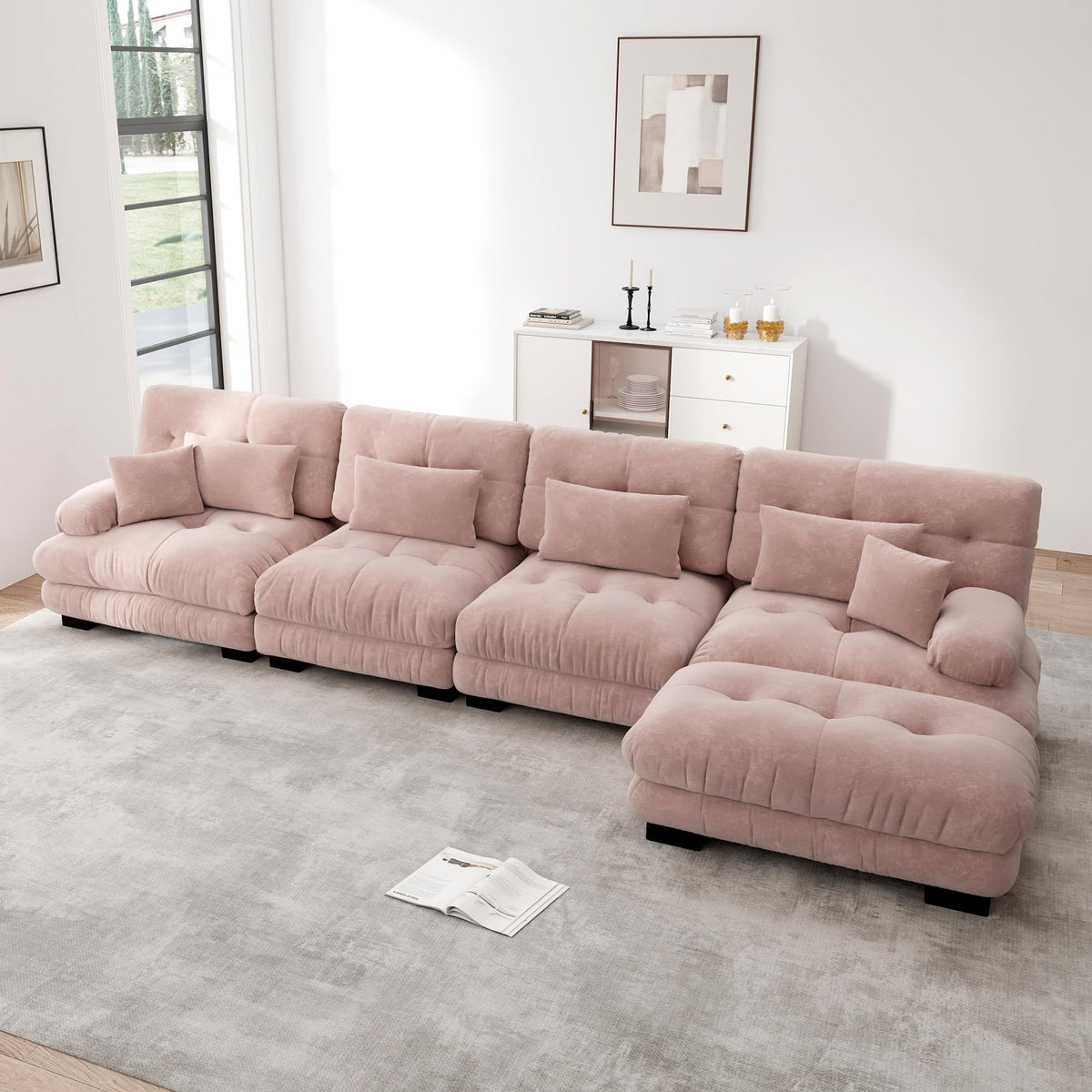 Sofá seccional Cloud en forma de L de 4 plazas con otomana móvil, ciniglia paisaje residencial con asiento profundo y reposabrazos anchos, gran sofá de sala para apartamento