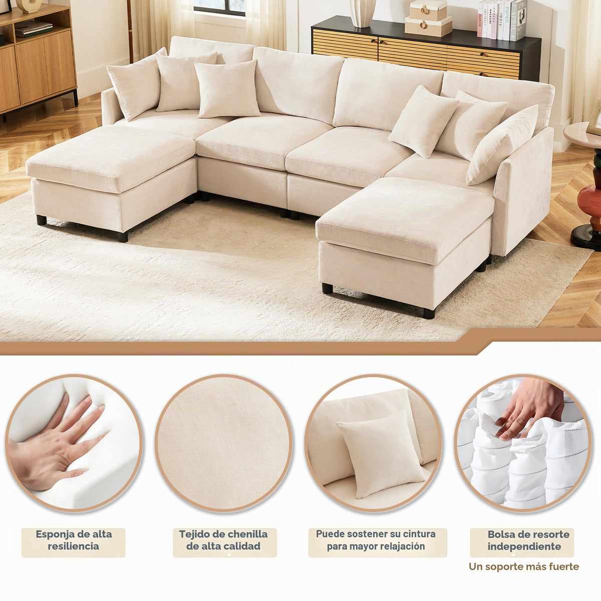 Sapgaks Sofá Seccional en U Moderno,Sofá 4 plazas,Mueble Acolchado de diseño Moderno,Tela de Chenilla (Beige)