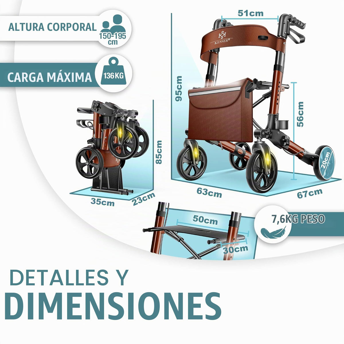 KESSER® Andador plegable con asiento y respaldo, 4 Ruedas/Frenos/Saco de Compra y Porta Bastón, Altura Ajustable 82-94cm, Andador, Carro, Rollator para Ancianos Gris
