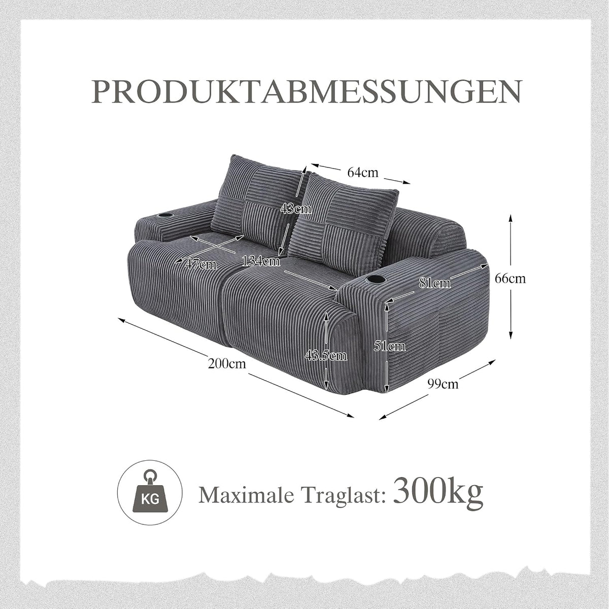 Sofá modular de 200 cm, sofá de 2 plazas con portabebidas y bolsillo de almacenamiento lateral, sofá comprimido de pana, sofá seccional para sala de estar y dormitorio