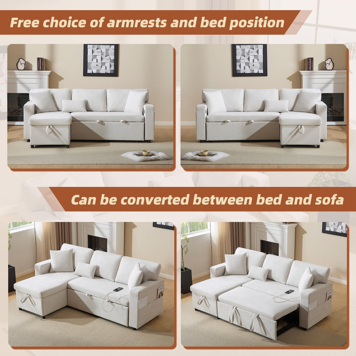 Sofá esquinero extensible en forma de L con puerto USB y portavasos, sofá cama de 4 plazas con función cama, sofá convertible con espacio de almacenamiento y reposabrazos, cojines, chenilla
