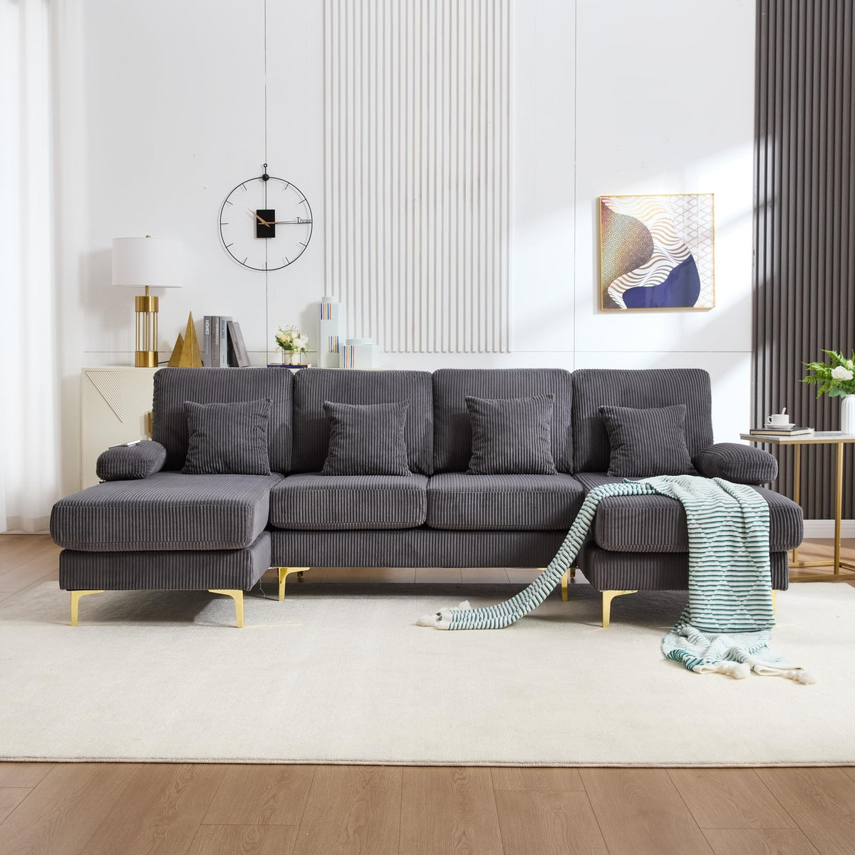 Sapgaks Sofá Seccional en U Moderno,Sofá 4 plazas,Mueble Acolchado de diseño Moderno,Tela de Chenilla (Beige)