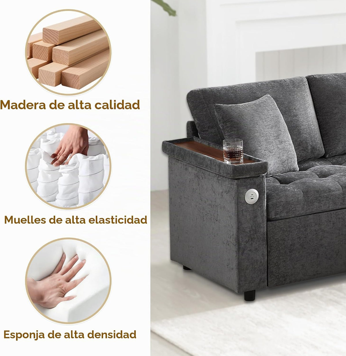 Lubvtti Sofá cama de 3 plazas moderno con función de cama, con espacio de almacenamiento, cargador USB, reposabrazos portaobjetos y 2 cojines, sofá de esquina en L, sofá de 3 plazas, chenilla (C-gris)