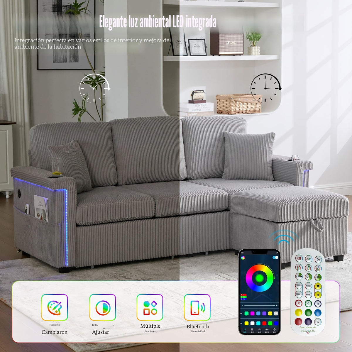 Lubvtti Sofá cama de 3 plazas moderno con función de cama, con espacio de almacenamiento, cargador USB, reposabrazos portaobjetos y 2 cojines, sofá de esquina en L, sofá de 3 plazas, chenilla (C-gris)