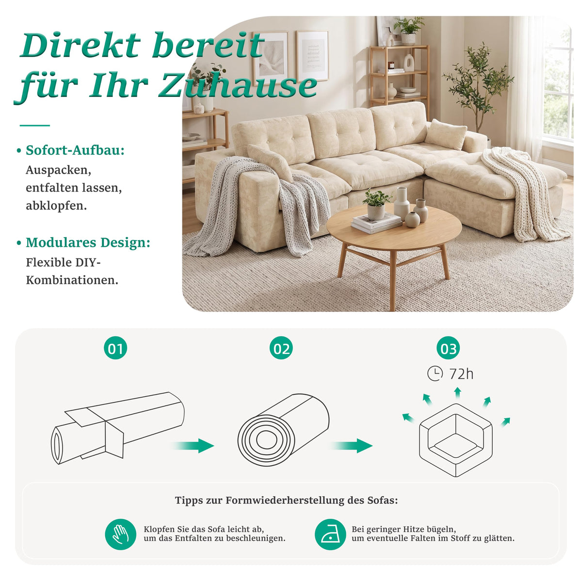 Sofá modular de 3 plazas con función de dormir, asiento extra profundo, felpilla para el hogar, sofá sin marco, sofá cama flexible para salón, verde