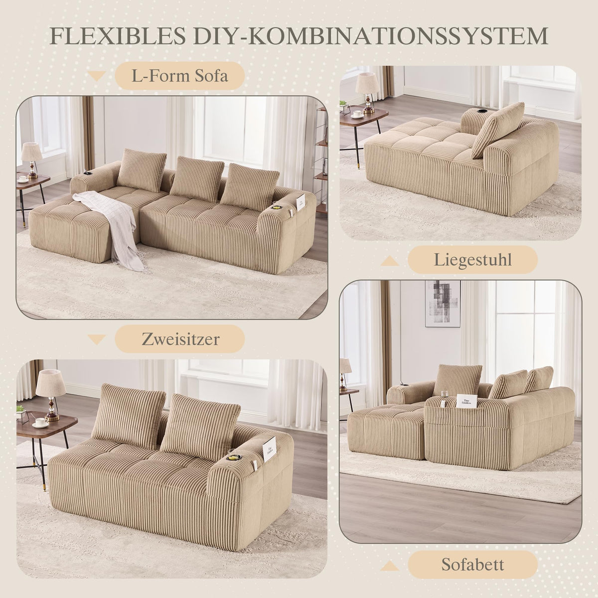 Dolamaní Sofá compacto de 3 plazas de pana con 3 cojines, sofá esquinero en forma de L con función de dormir, suave y modular, asiento extraprofundo, sin montaje, para salón (gris oscuro)
