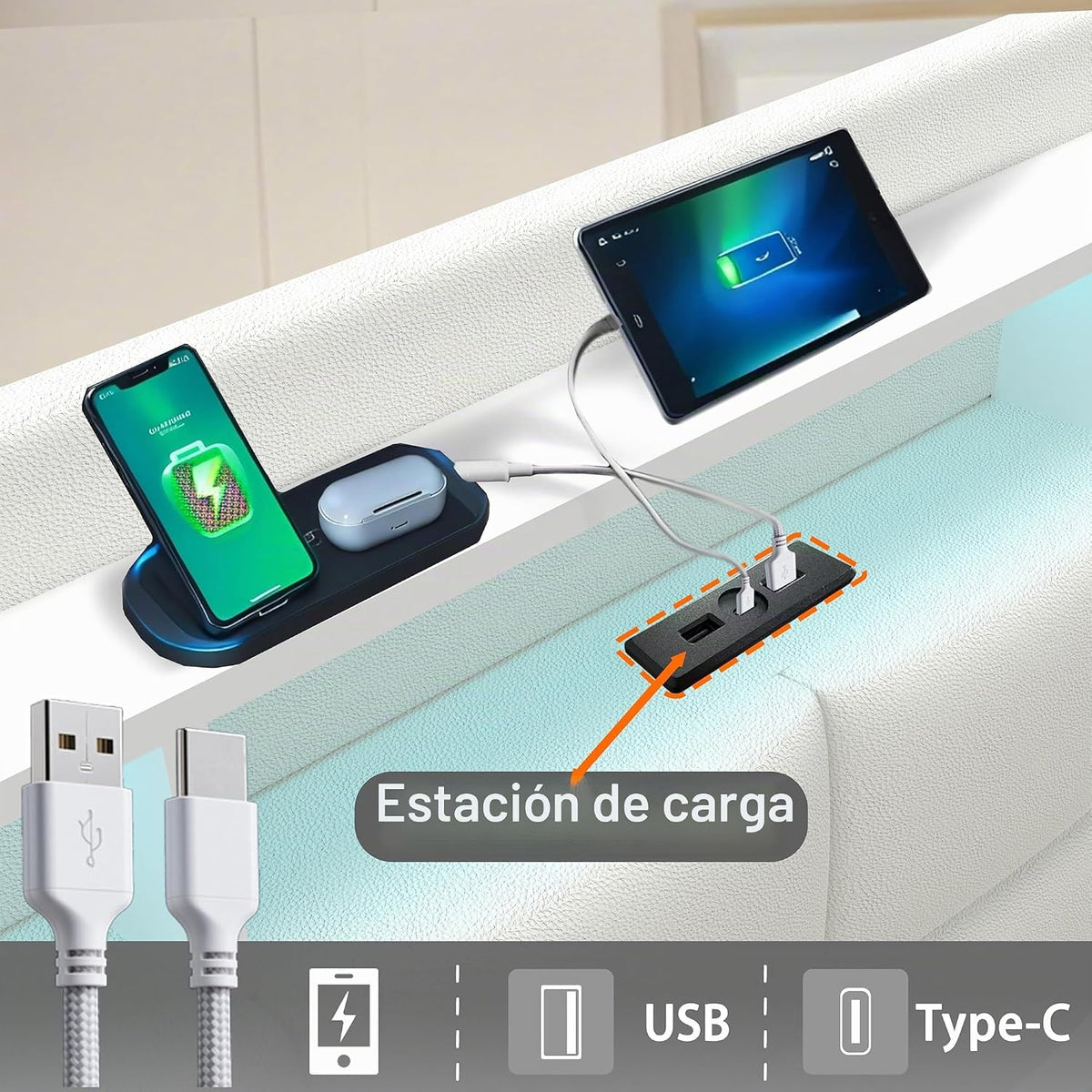 Estructura de Cama de Cuero 160x200cm con Carga USB Type-C, Blanco