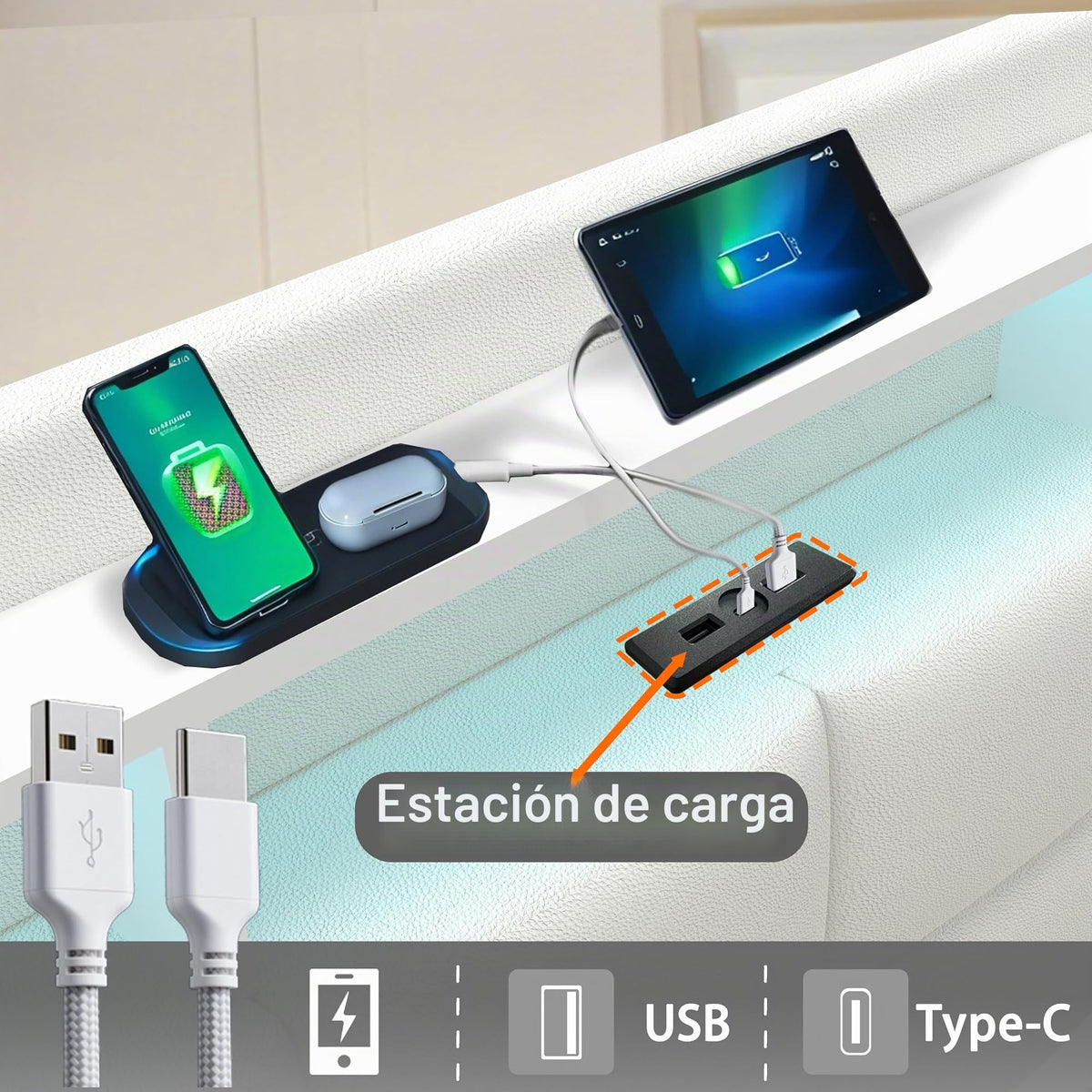 Estructura de Cama de Cuero 160x200cm con Carga USB Type-C, Blanco