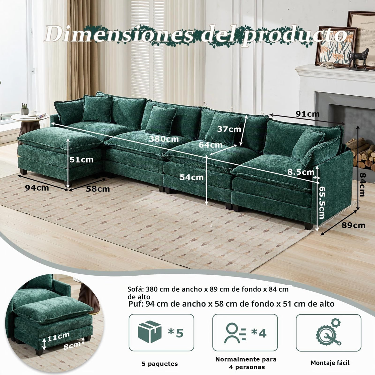 Sofá de salón modular 4 plazas 380cm, chenilla azul con cojines dobles