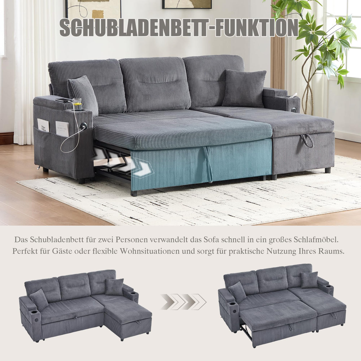 Dolamaní Sofá moderno de 4 plazas de tela de lino con espacio de almacenamiento y función de dormir, sofá cama con cajonera extensible en forma de L para casa y salón (beige B)