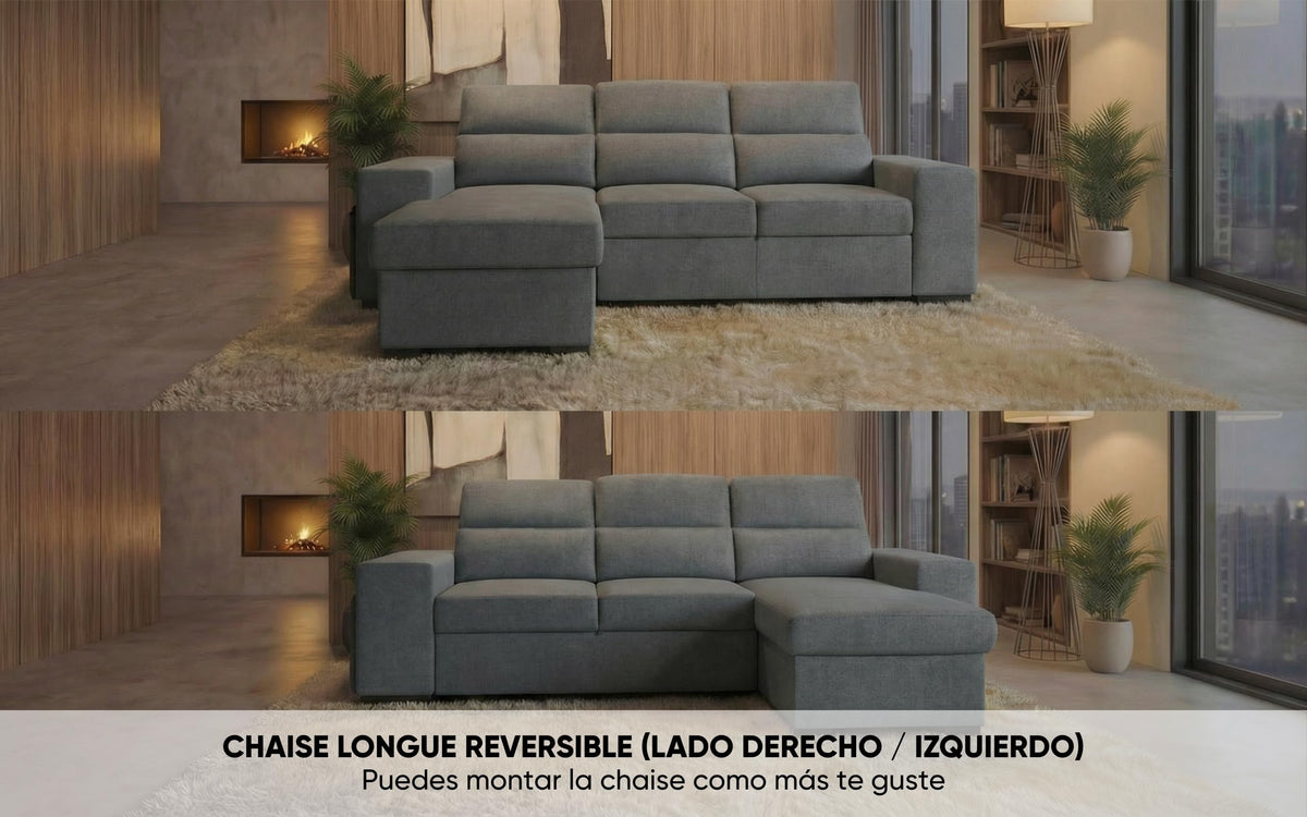 BUDWING John Sofá Cama Esquinero 4 Plazas - Chaise Longue Reversible, Reposacabezas Ajustable y 2 Pufs – Tapizado en Poliéster – Estilo Moderno – 263x161x96 cm – Gris Claro