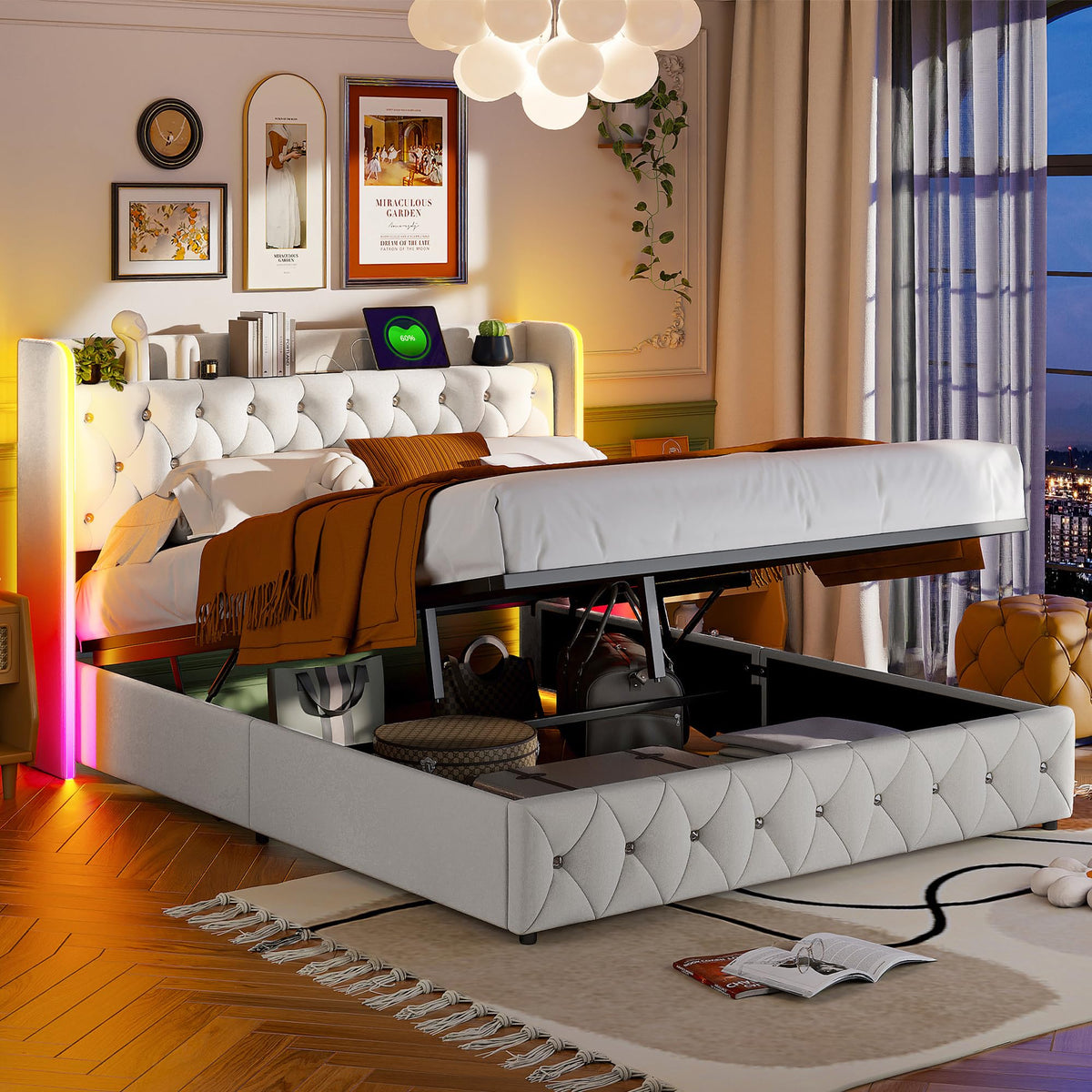 Cama tapizada de 160 x 200 cm, cama doble LED con espacio de almacenamiento, cabecero y función de carga USB C, cama de almacenamiento hidráulico, respaldo con somier de láminas de madera