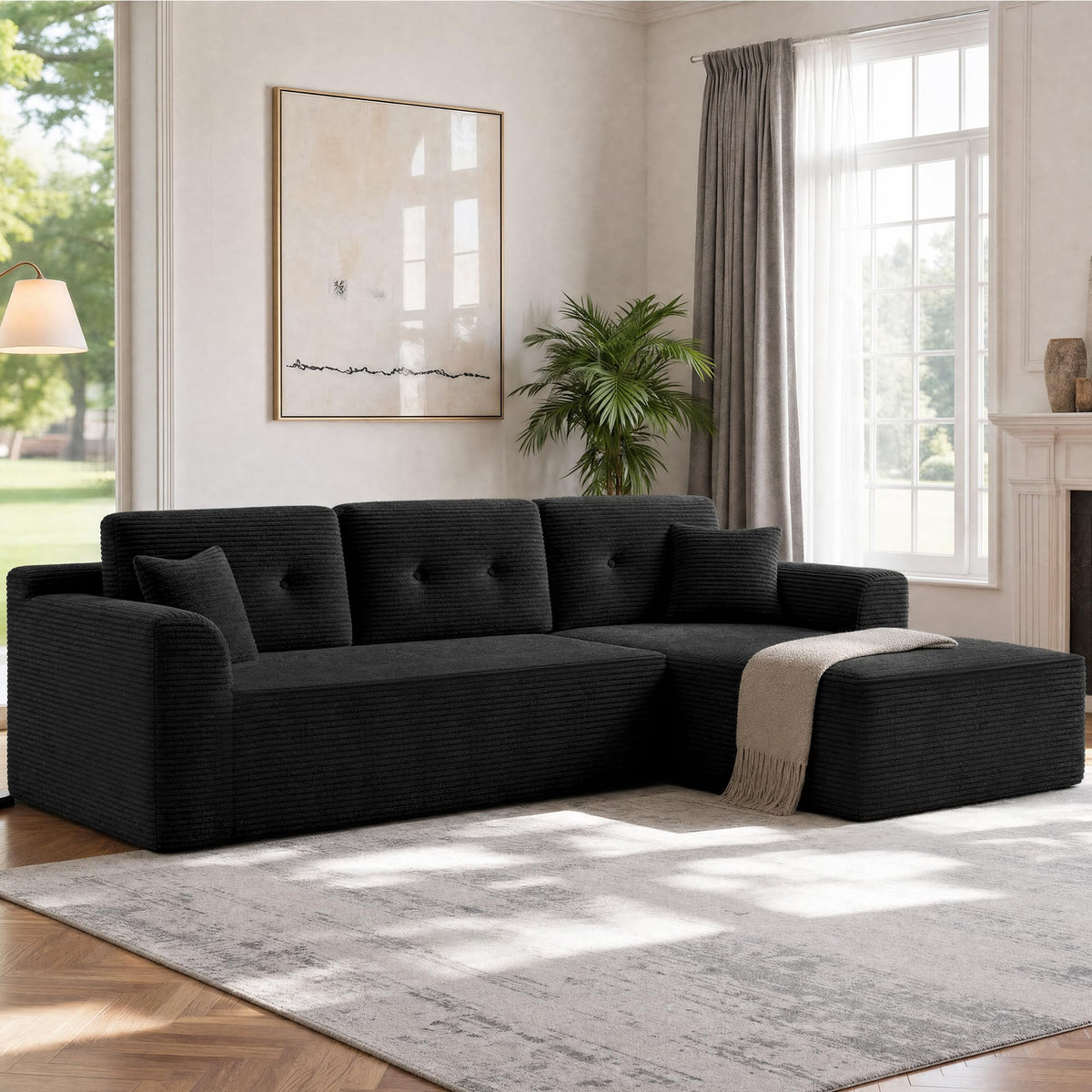 VASAGLE Sofá con Chaise Longue, Esquinero de Pana, Diseño Modular de 3 Plazas, 242 x 152 x 73 cm, Negro, para Salón, Colección Camila LCS183B101