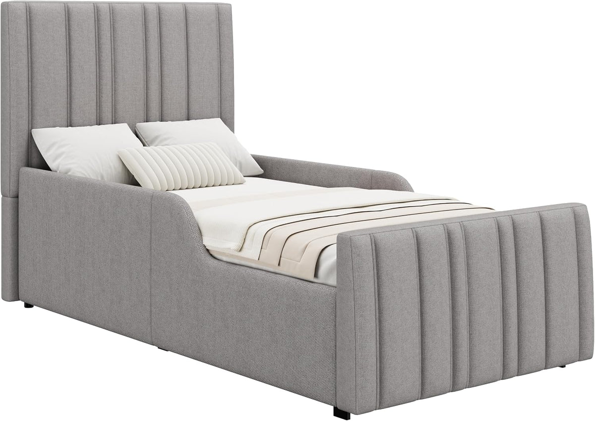 Kebnor Cama tapizada, cama individual, cuna 90 x 200 cm, cama funcional hidráulica, cama con somier, cabecero y gran espacio de almacenamiento, cabecero acolchado, lino (gris)
