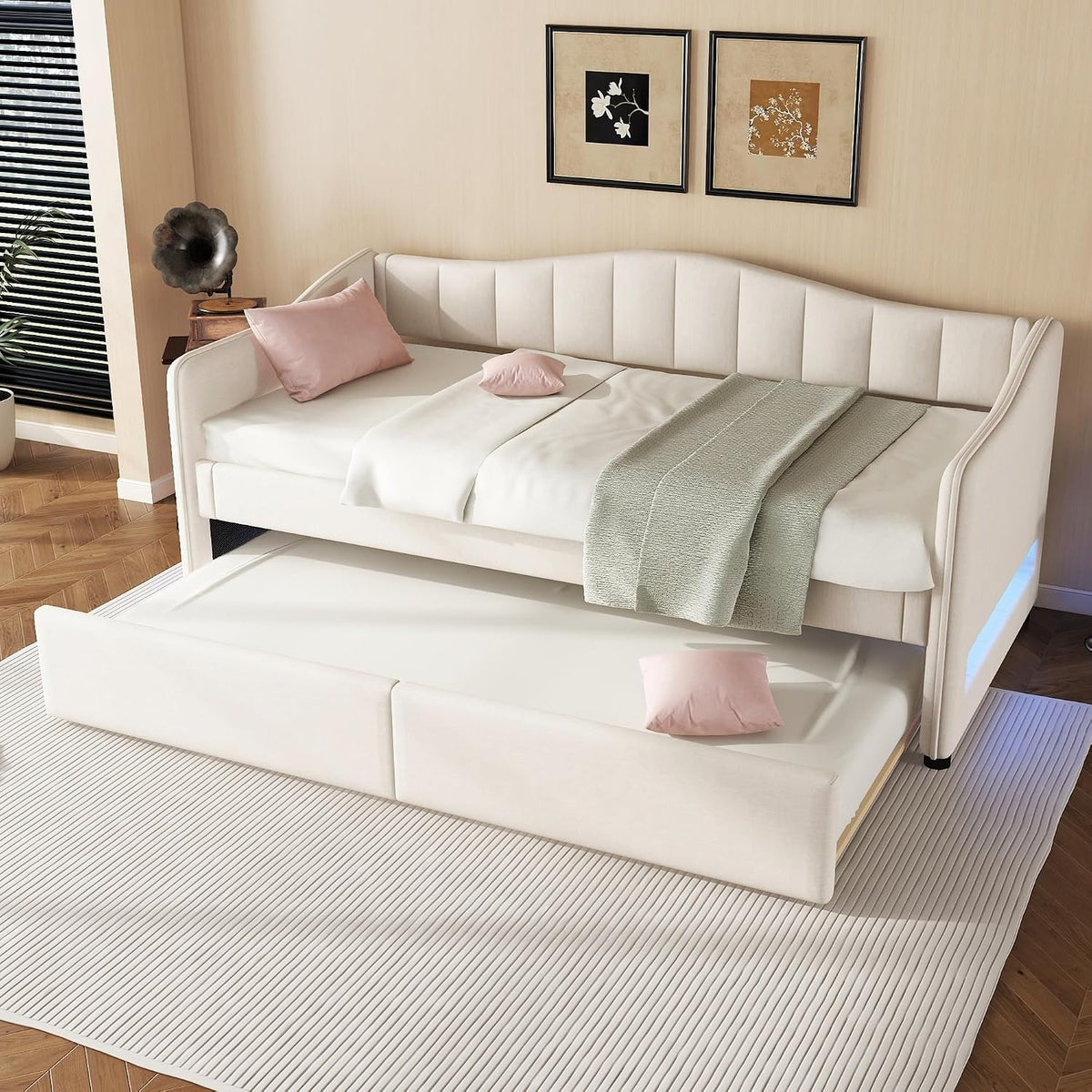 Cama de día, 90 x 200 cm, con cama extraíble, sofá cama, cama individual (sin colchón), diseño de luz ambiental, lino, estilo minimalista (beige)