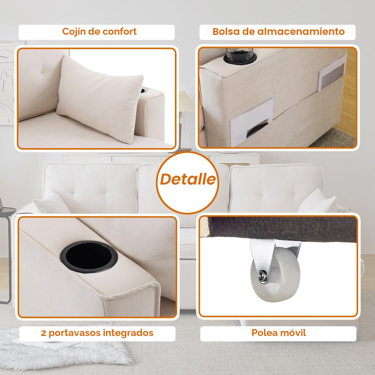 Sofá esquinero extensible en forma de L con puerto USB y portavasos, sofá cama de 4 plazas con función cama, sofá convertible con espacio de almacenamiento y reposabrazos, cojines, chenilla