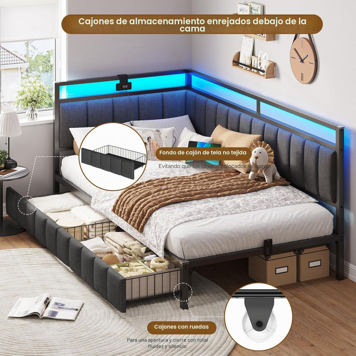 DICTAC Cama Tapizada Sofá Cama 90 x 190 cm con iluminación LED y Toma USB,Camas Juvenil con 2 cajones de Almacenamiento, Estructura de Cama de 90x190 con somier de láminas de Metal, Gris Oscuro