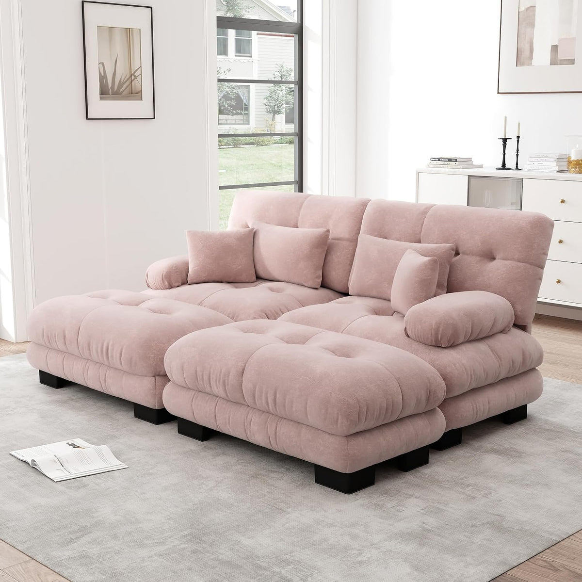 Sofá esquinero de chenilla nublado para salón, sofá doble con reposabrazos anchos, 2 cojines lumbares, 2 cojines decorativos y 2 otomanas, 220 x 140 x 81 cm (rosa)