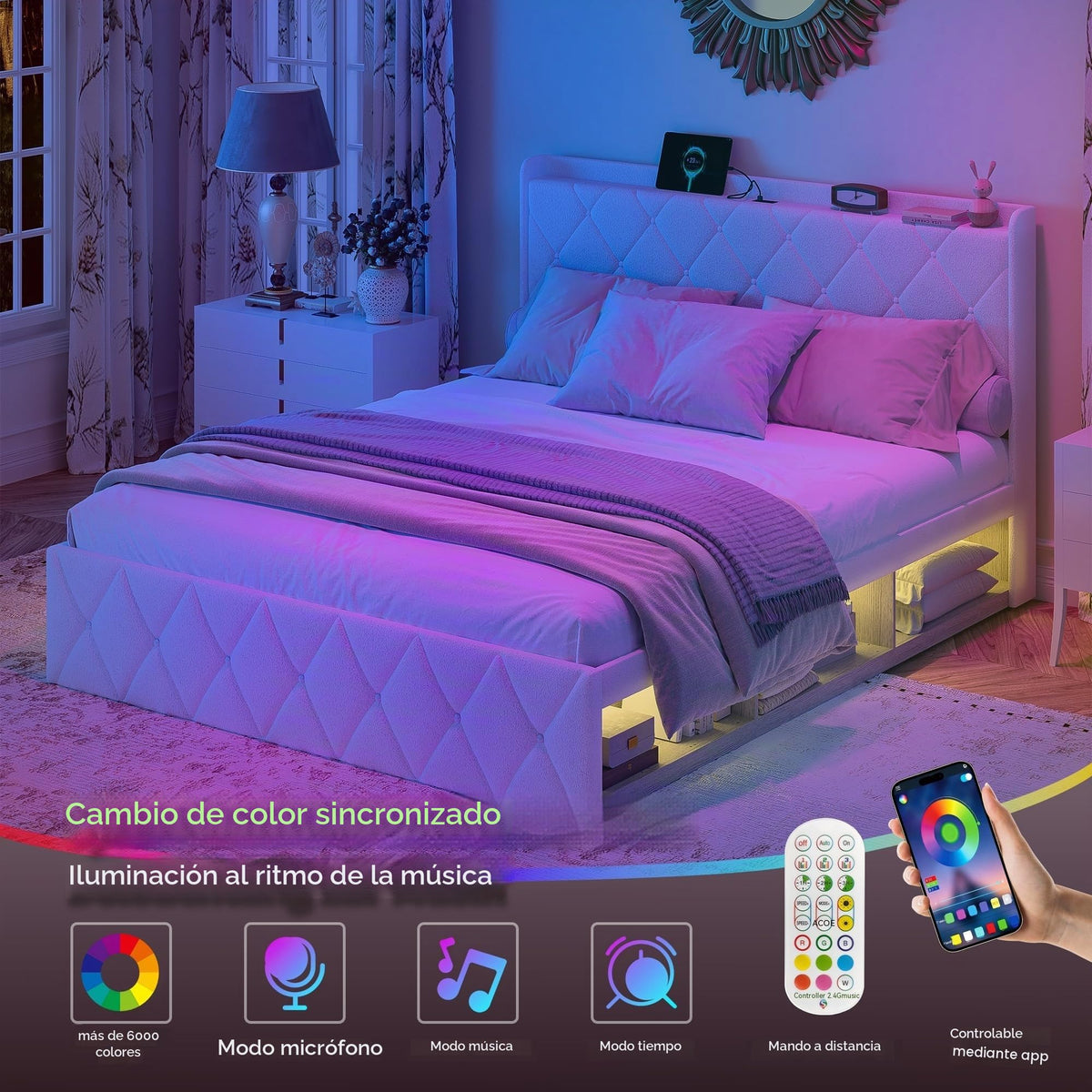 Cama tapizada de 160 x 200 cm con espacio de almacenamiento e iluminación LED, cama doble hidráulica con detalles dorados, cama de terciopelo de lujo con sincronización de música y