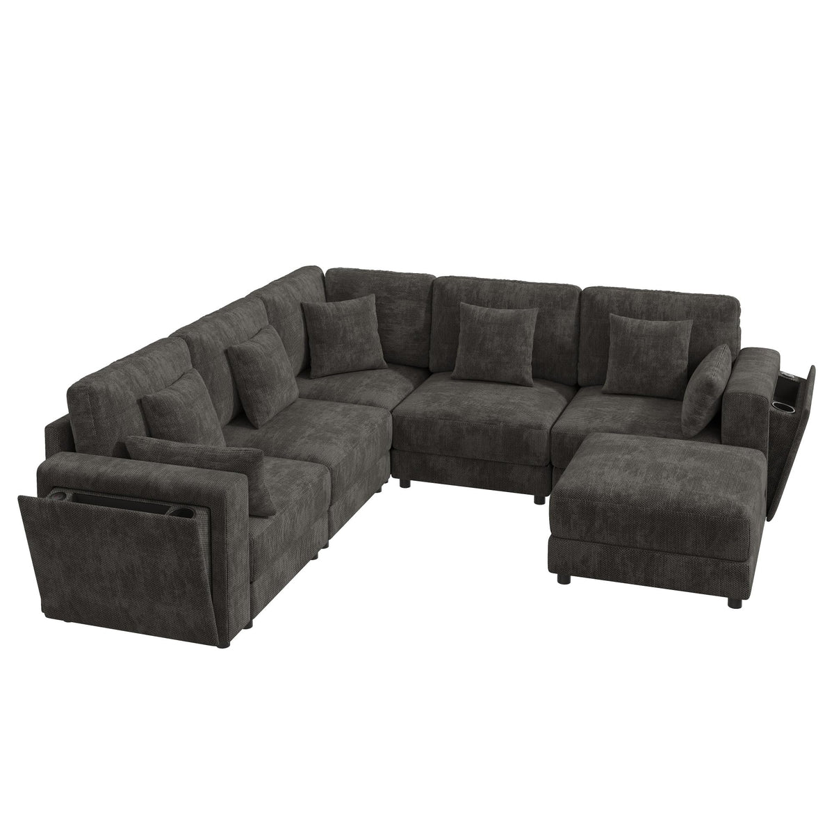 Sofá modular de 6 plazas, sofá esquinero en forma de L/U, puertos USB/tipo C, portavasos y espacio de almacenamiento, tela de chenilla, 7 cojines, salón, dormitorio y oficina, color beige