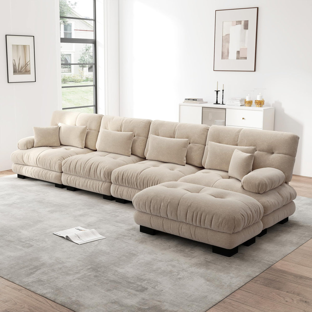 Sofá seccional Cloud en forma de L de 4 plazas con otomana móvil, ciniglia paisaje residencial con asiento profundo y reposabrazos anchos, gran sofá de sala para apartamento