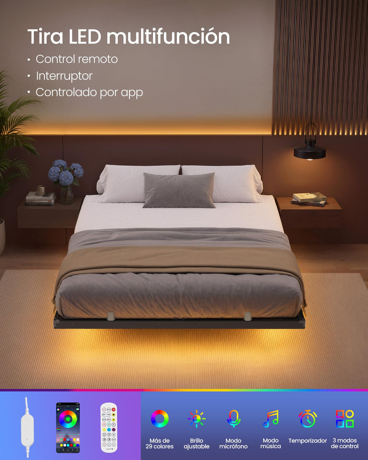 VASAGLE Marco de Cama Flotante, 140 x 200 cm, LED, 2 Tomas y 3 USB