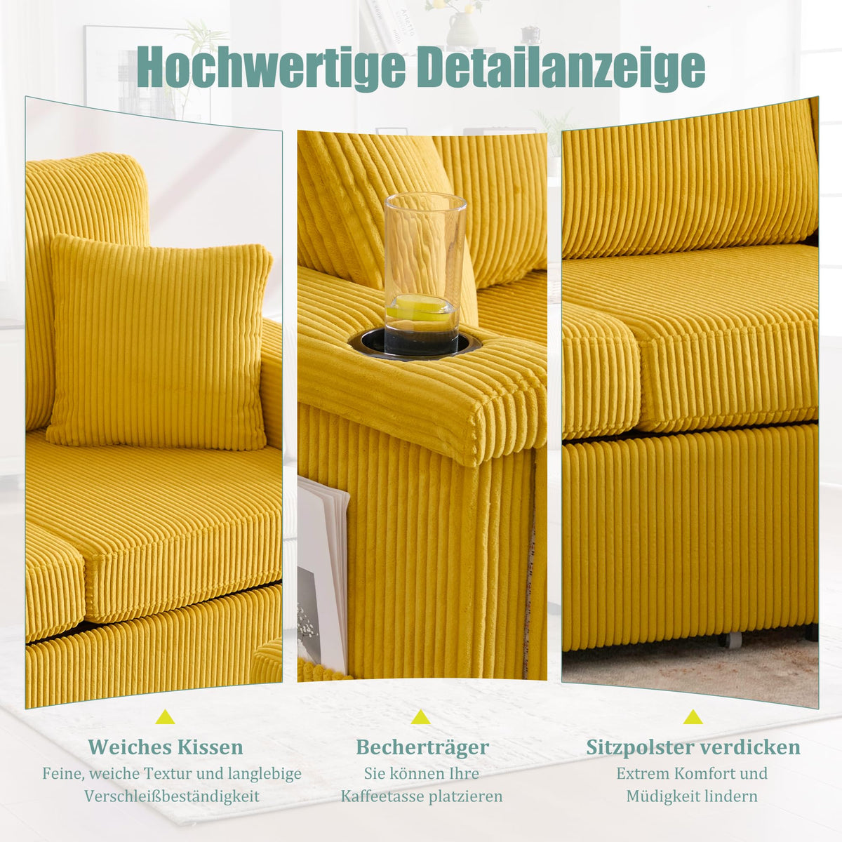 Dolamaní Sofá de terciopelo de 3 plazas con 2 cajones, soporte para bebidas, bolsillos laterales y reposapiés para sala de estar, dormitorio y oficina (beige)