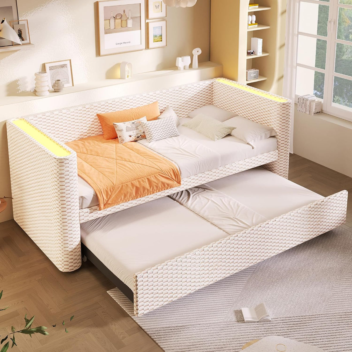 Moimhear Cama de día, diván cama, sofá cama, diseño de cama extensible multifuncional con tira de luz LED, somier de listones (sin colchón), terciopelo (beis, 90 x 200 cm+180 x 200 cm)