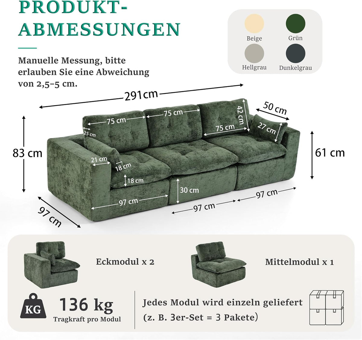 Sofá modular de 3 plazas con función de dormir, asiento extra profundo, felpilla para el hogar, sofá sin marco, sofá cama flexible para salón, verde