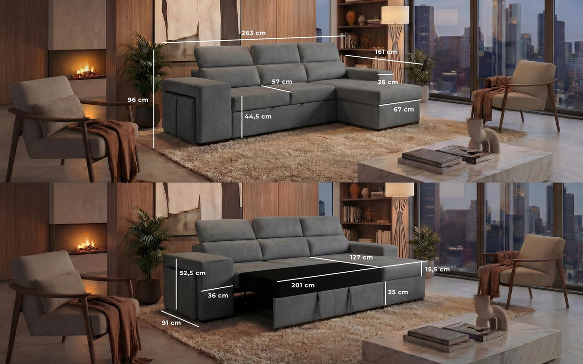 BUDWING John Sofá Cama Esquinero 4 Plazas - Chaise Longue Reversible, Reposacabezas Ajustable y 2 Pufs – Tapizado en Poliéster – Estilo Moderno – 263x161x96 cm – Gris Claro