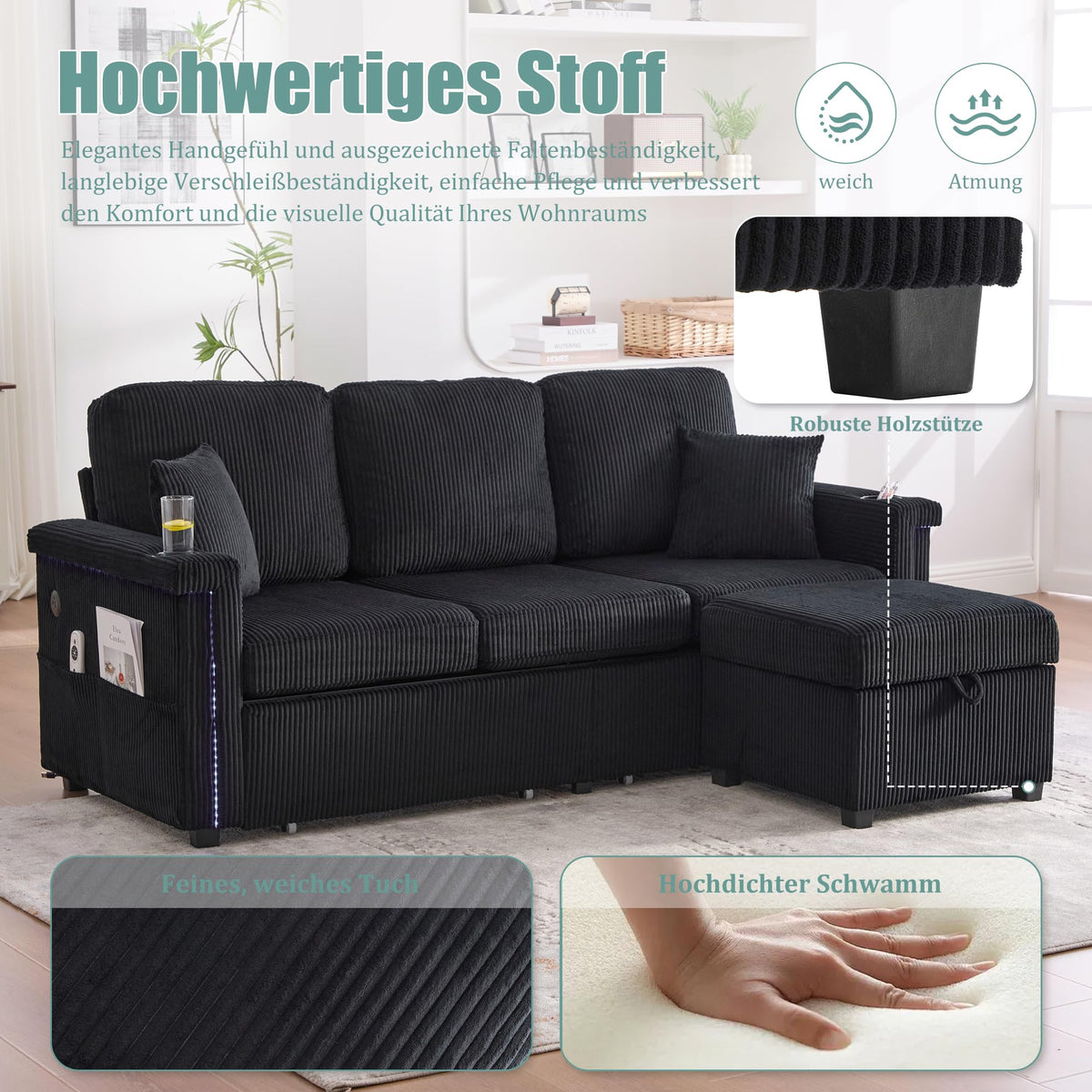 Dolamaní Sofá de terciopelo de 3 plazas con 2 cajones, soporte para bebidas, bolsillos laterales y reposapiés para sala de estar, dormitorio y oficina (beige)