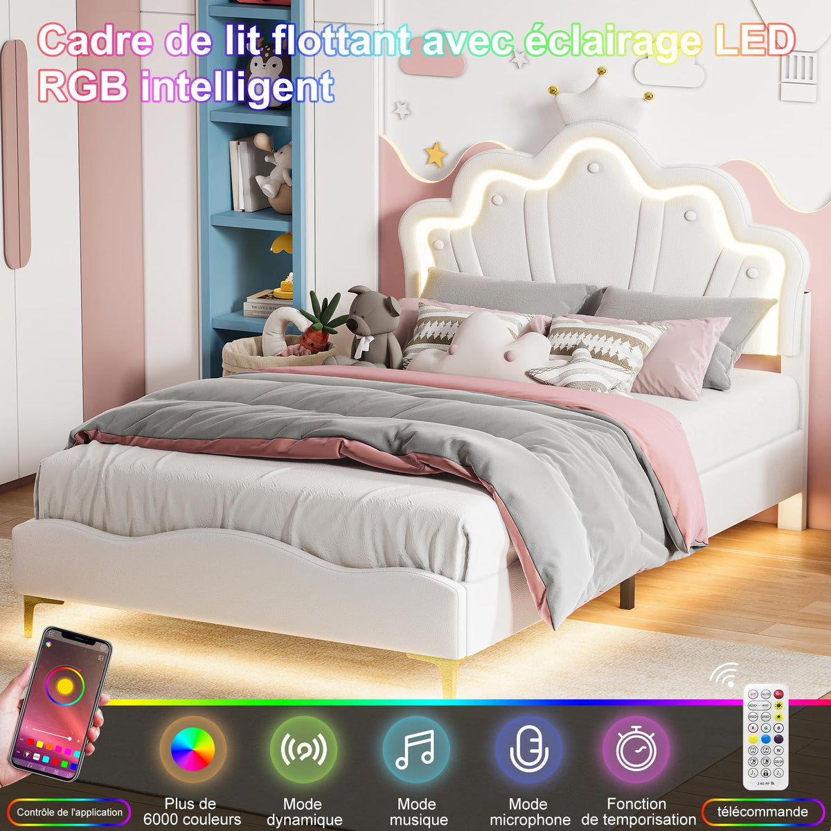 Cama Infantil tapizada 140 x 200 cm con LED, Cama tapizada para niños 140 x 200 con cabecera Ajustable Marco de Camas, Camas de Princesa para Niña en Forma de Corona con Somier(Rosa, 140 x 200)