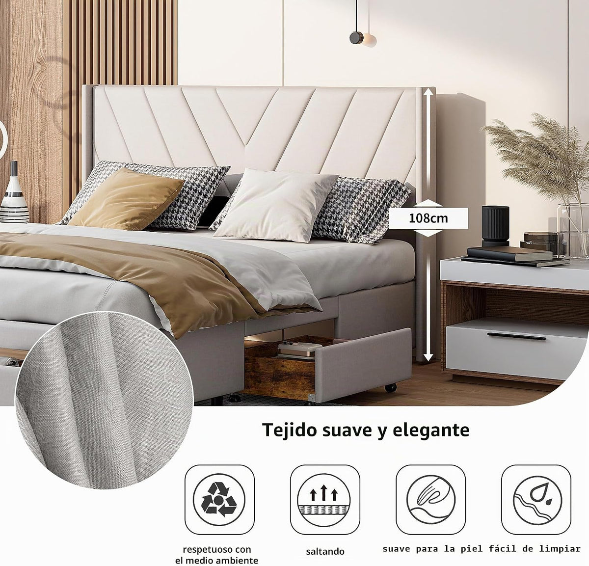BRILVERDE Cama de matrimonio 160x200 cm, cama tapizada con 3 cajones, cama con cabecera y somier de láminas, sin colchón, lino (Beige(59), 160x200 cm)