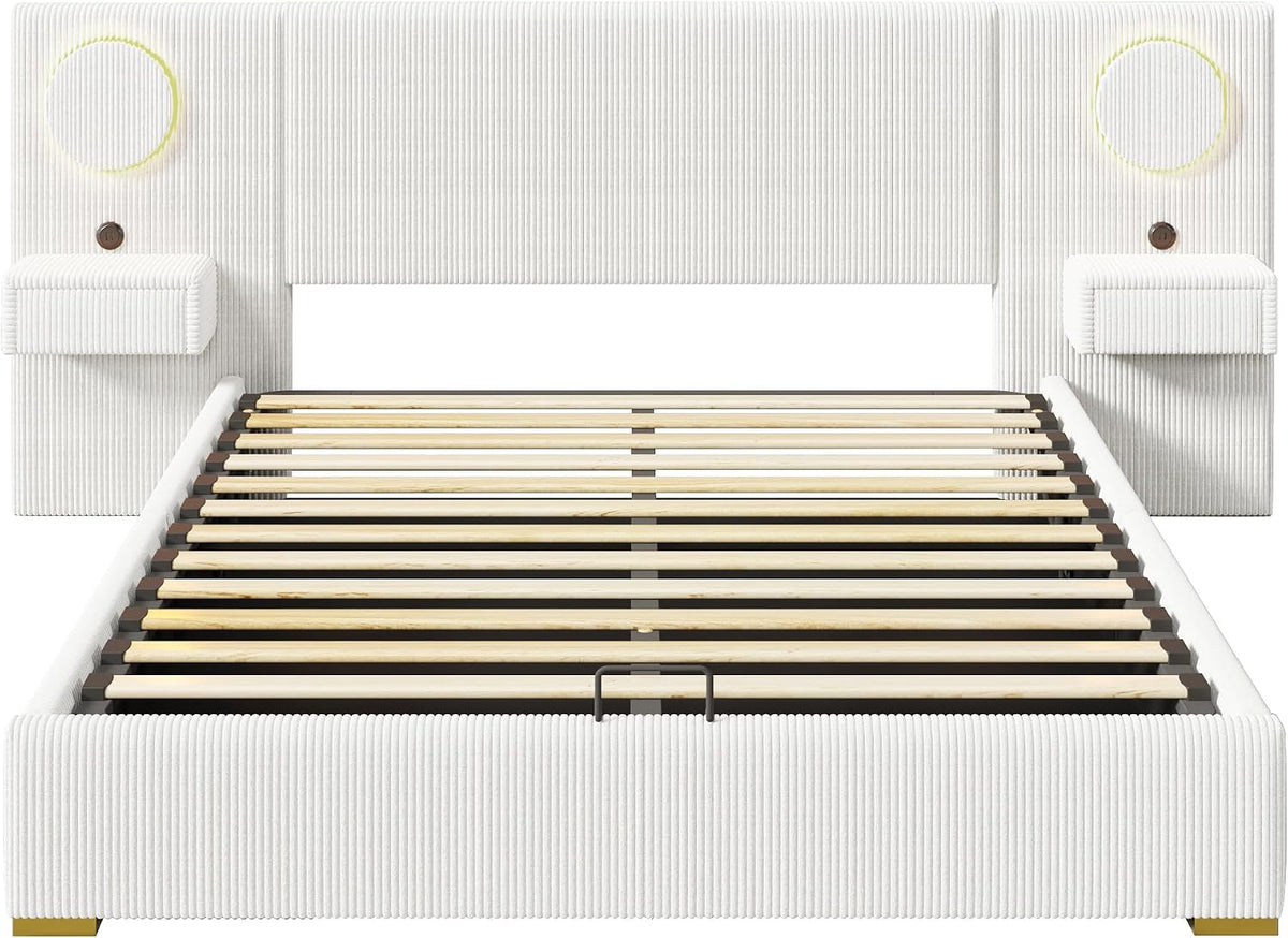 Moimhear Cama tapizada de terciopelo, cabecero LED, conectores USB, almacenamiento hidráulico