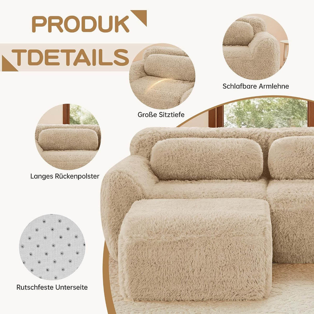 Sofá modular en forma de U, tela de felpa, sin montaje, base antideslizante, con cojín, soporte ergonómico, espuma de alta elasticidad, adecuado para sala de estar, dormitorio (caqui claro)