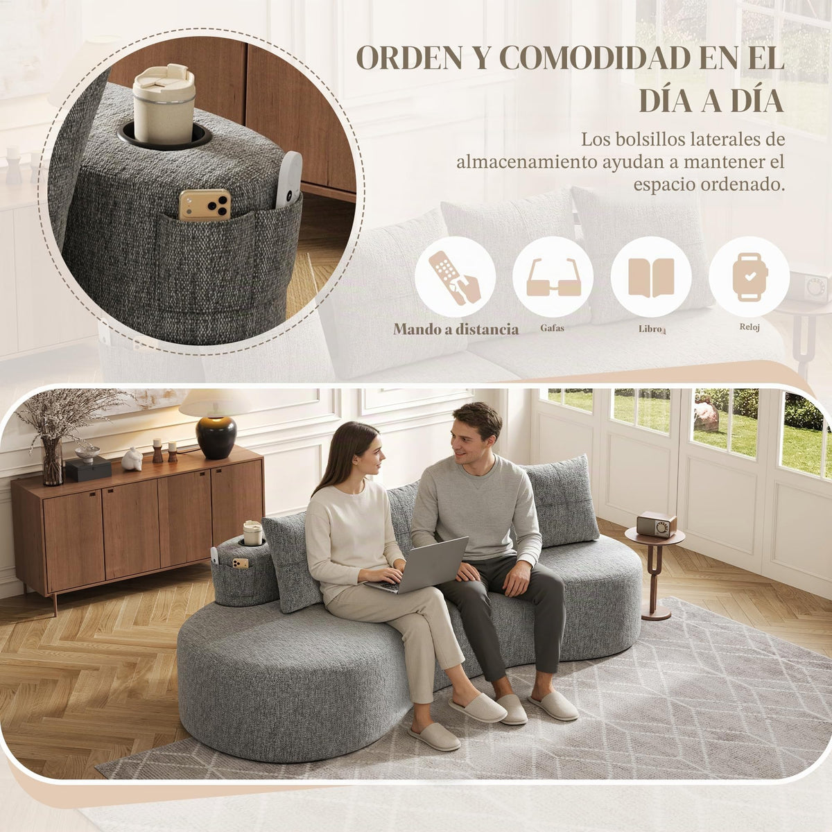 Bladez Sofá esquinero moderno curvado de 5 plazas, sofá modular de terciopelo, diseño curvado, cómodo sofá tapizado, cómodo sofá tapizado con cojines, adecuado para salón y apartamento, color blanco