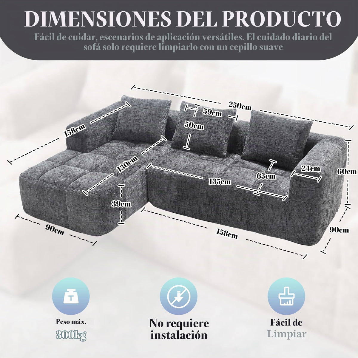 Soweiz Sofá L, seccional de 3 plazas, sofá con chaise longue y reposabrazos, 3 cojines, bolsillo lateral para mando a distancia, 250 x 158 x 60 cm