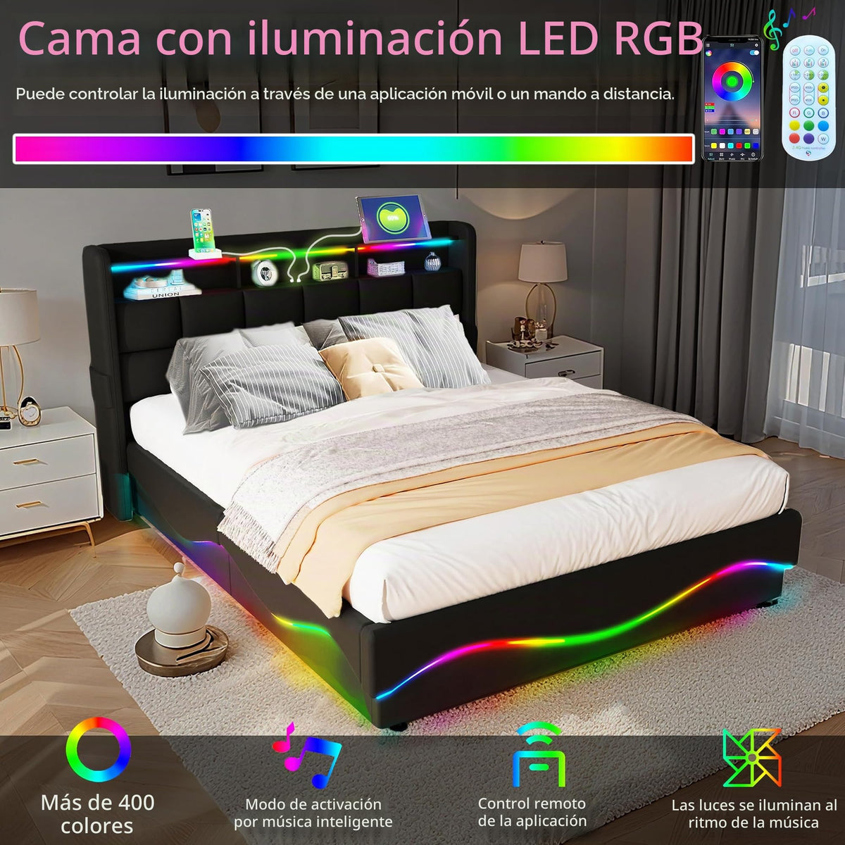 Estructura de Cama de Cuero 160x200cm con Carga USB Type-C, Blanco