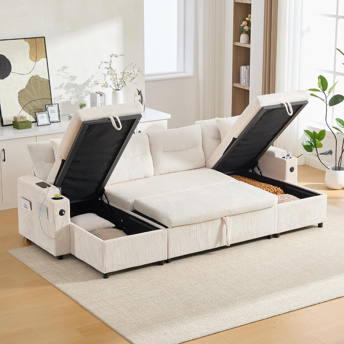 Dolamaní Sofá moderno de 4 plazas de tela de lino con espacio de almacenamiento y función de dormir, sofá cama con cajonera extensible en forma de L para casa y salón (beige B)