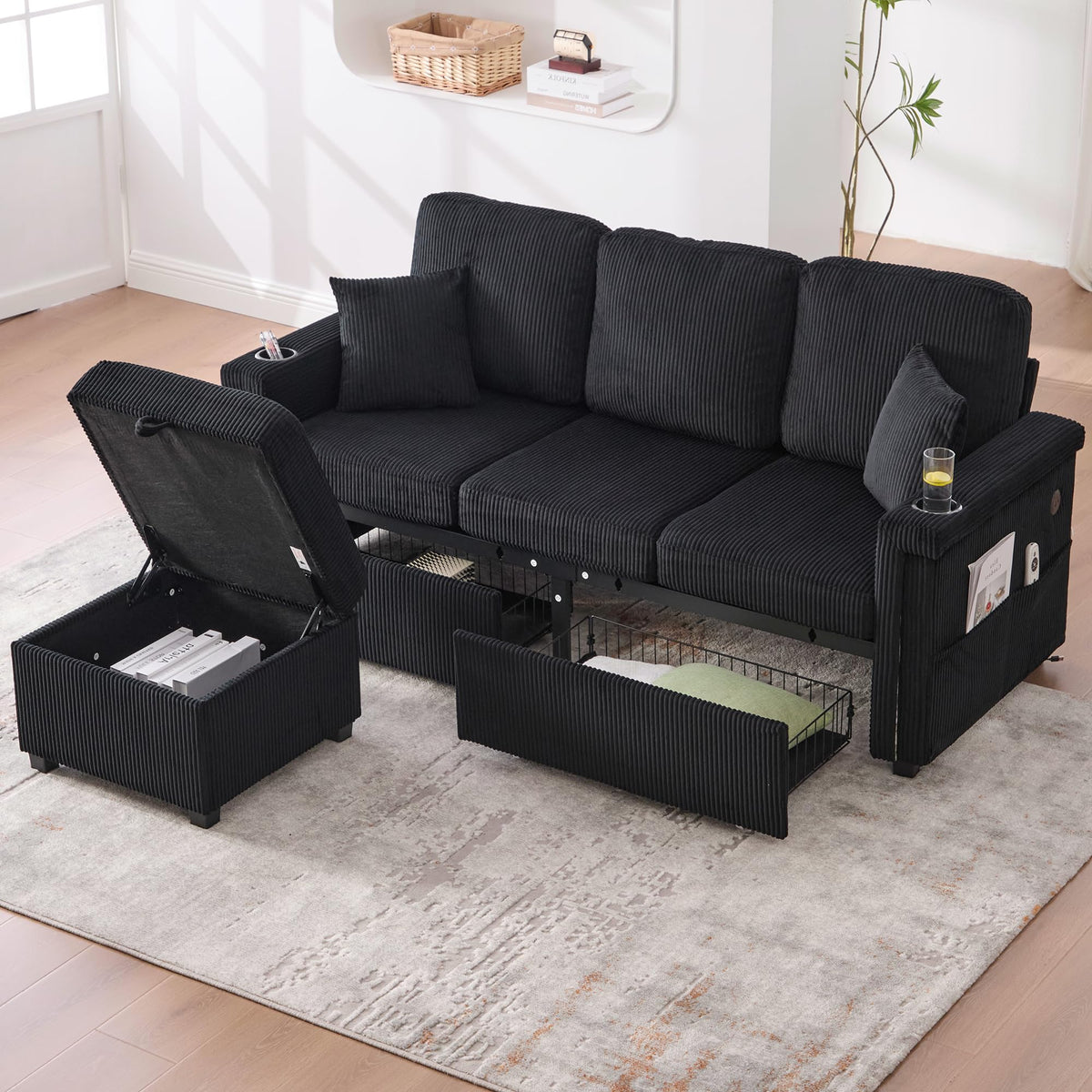 Lubvtti Sofá cama de 3 plazas moderno con función de cama, con espacio de almacenamiento, cargador USB, reposabrazos portaobjetos y 2 cojines, sofá de esquina en L, sofá de 3 plazas, chenilla (C-gris)