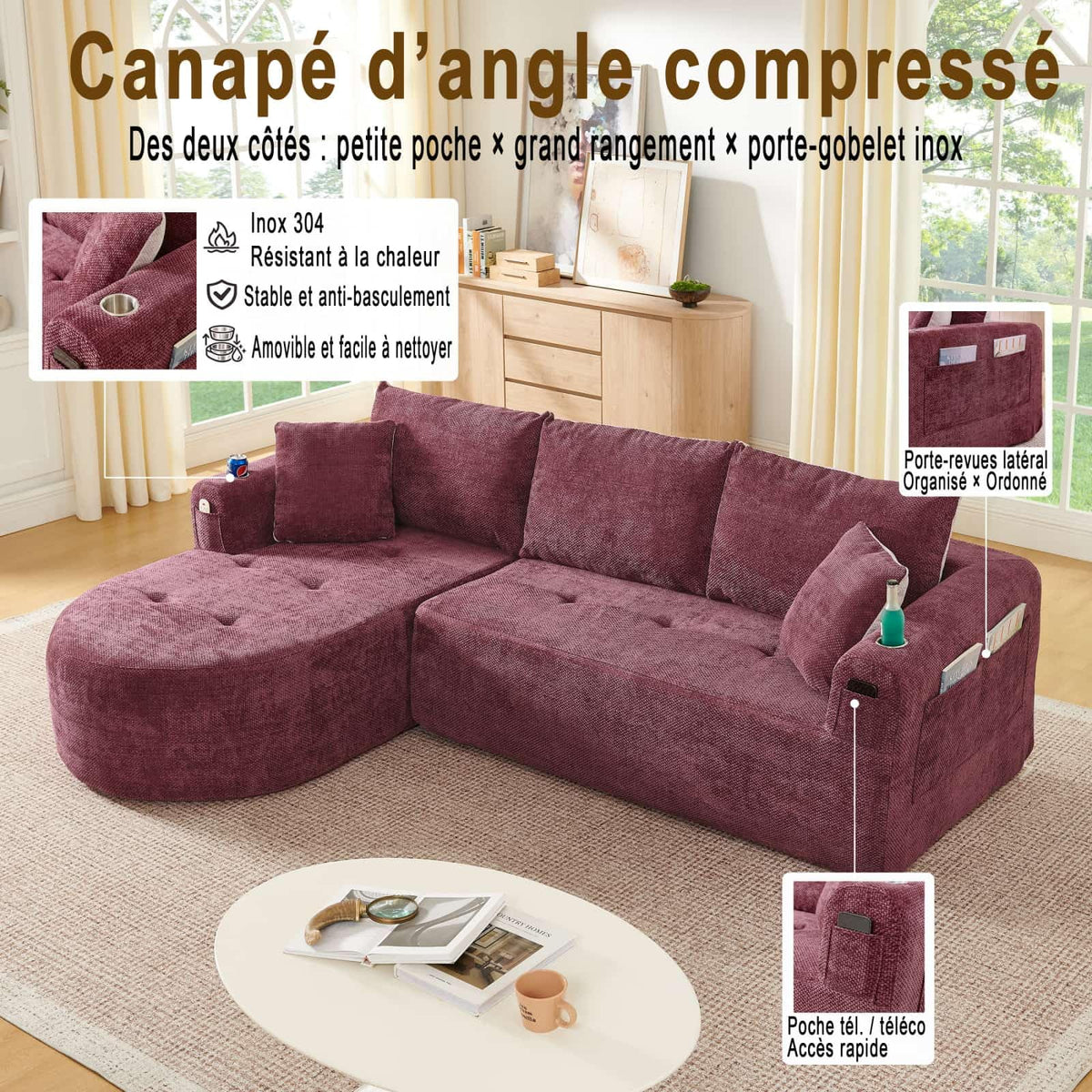 KOMHTOM Sofá Chaise Longue en L con Cojines (Negro)