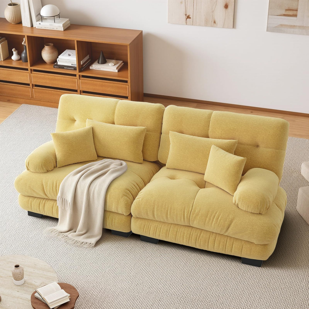 SoarFlash Sofá U Modular de 4 plazas para salón Moderno, sofá Nube de Tela Chenille con reposabrazos, Color Amarillo, 145×406 cm