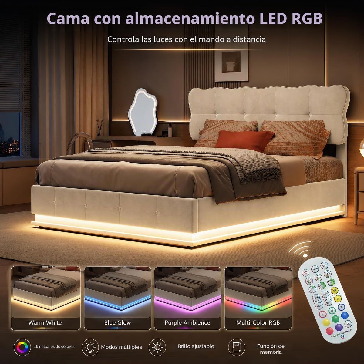 BRILVERDE Cama Tapizada 140x200 con Almacenamiento hidráulico, Cama matrimonial con Toma USB y luz LED, Cabecero Acolchado y Base de Láminas, Terciopelo (Beige, 140 x 200 cm)