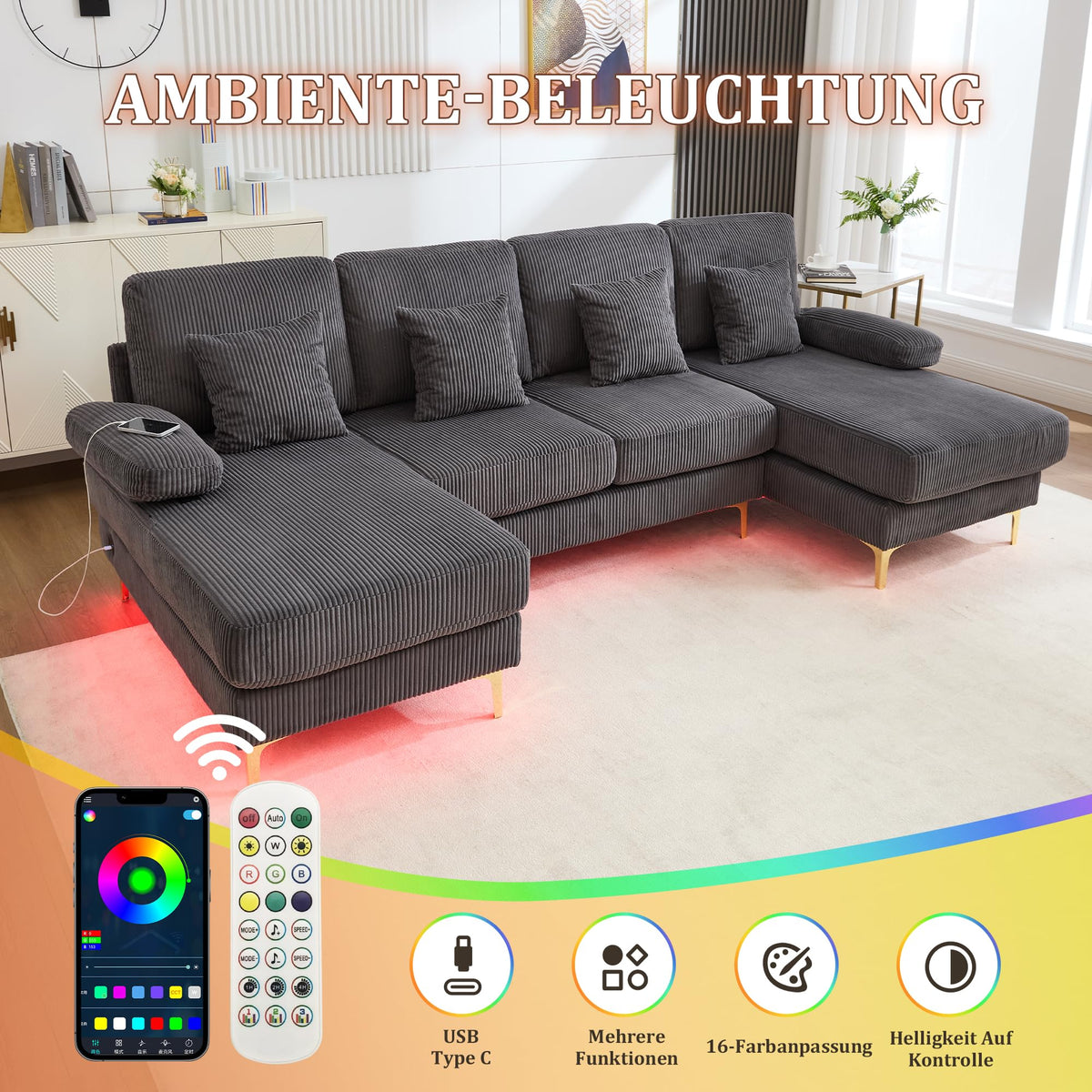 Lubvtti Sofá Moderno en U con iluminación Ambiental LED y Puerto USB+Type-C,sofá 4 plazas con 4 Cojines de Lujo y Respaldo ergonómico, sofá cheslong 4 plazas,Terciopelo,Negro