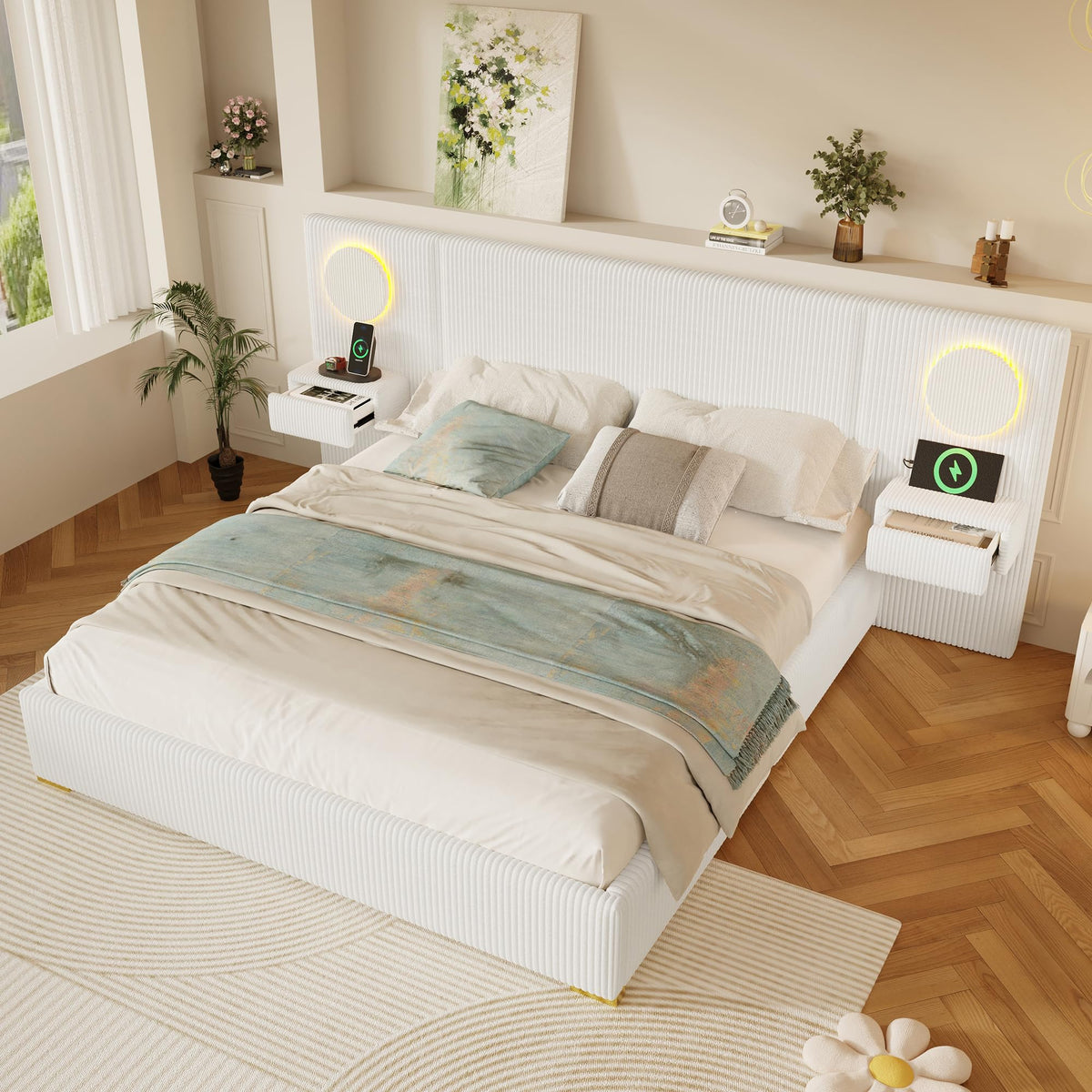 Moimhear Cama tapizada de terciopelo, cabecero LED, conectores USB, almacenamiento hidráulico