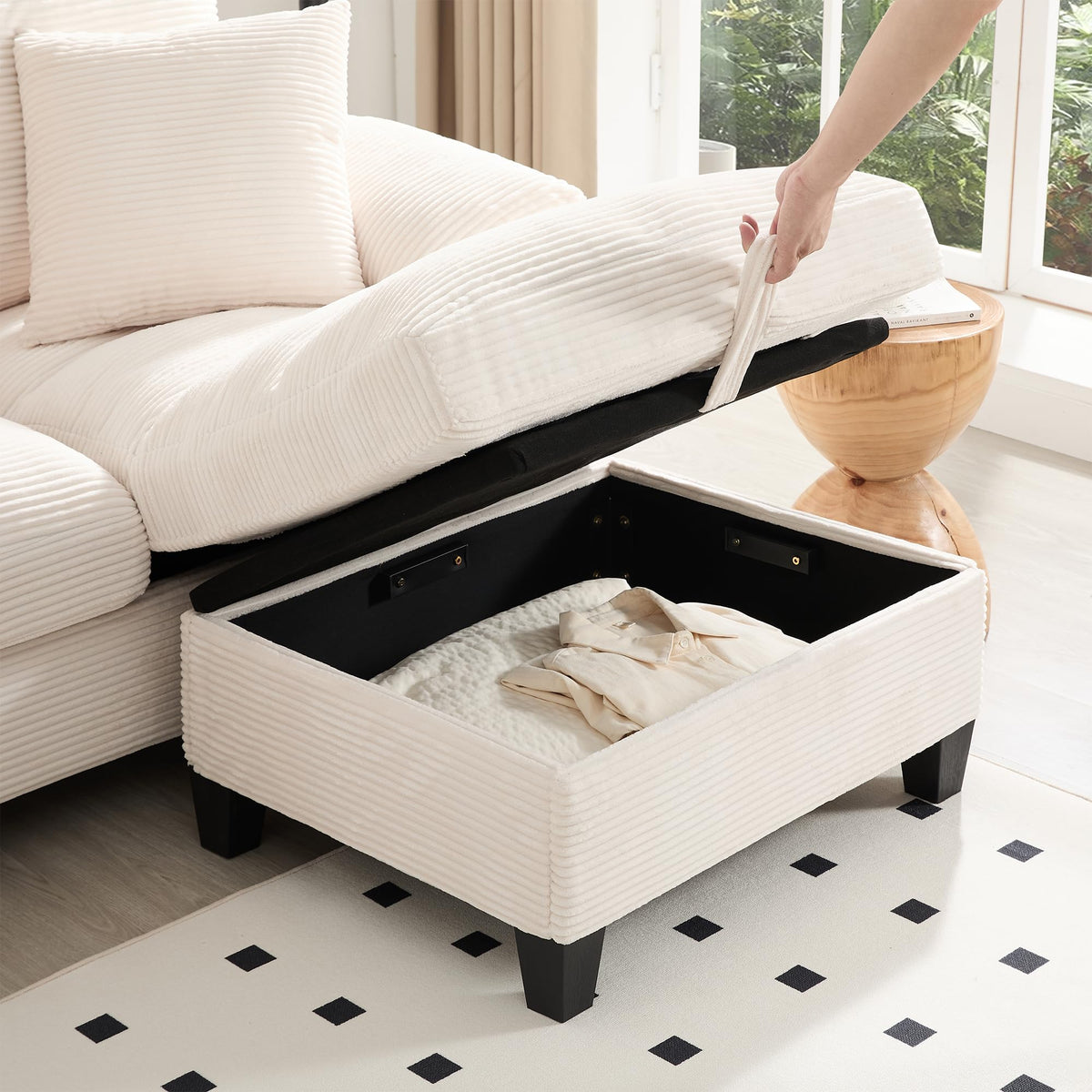 Azkoeesy - Sofá de 4 plazas con 2 reposapiés y espacio de almacenamiento, consola con 2 portavasos y enchufe, 293 cm, forma U, tapizado en pana, adecuado para sala de estar, dormitorio y apartamentos