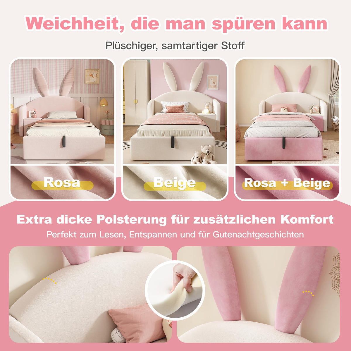 Kebnor Cama tapizada de terciopelo, orejas de conejo, cabecero con espacio de almacenamiento y mesita de noche, cama juvenil de diseño (sin colchón) (beis, 90 x 190 cm)