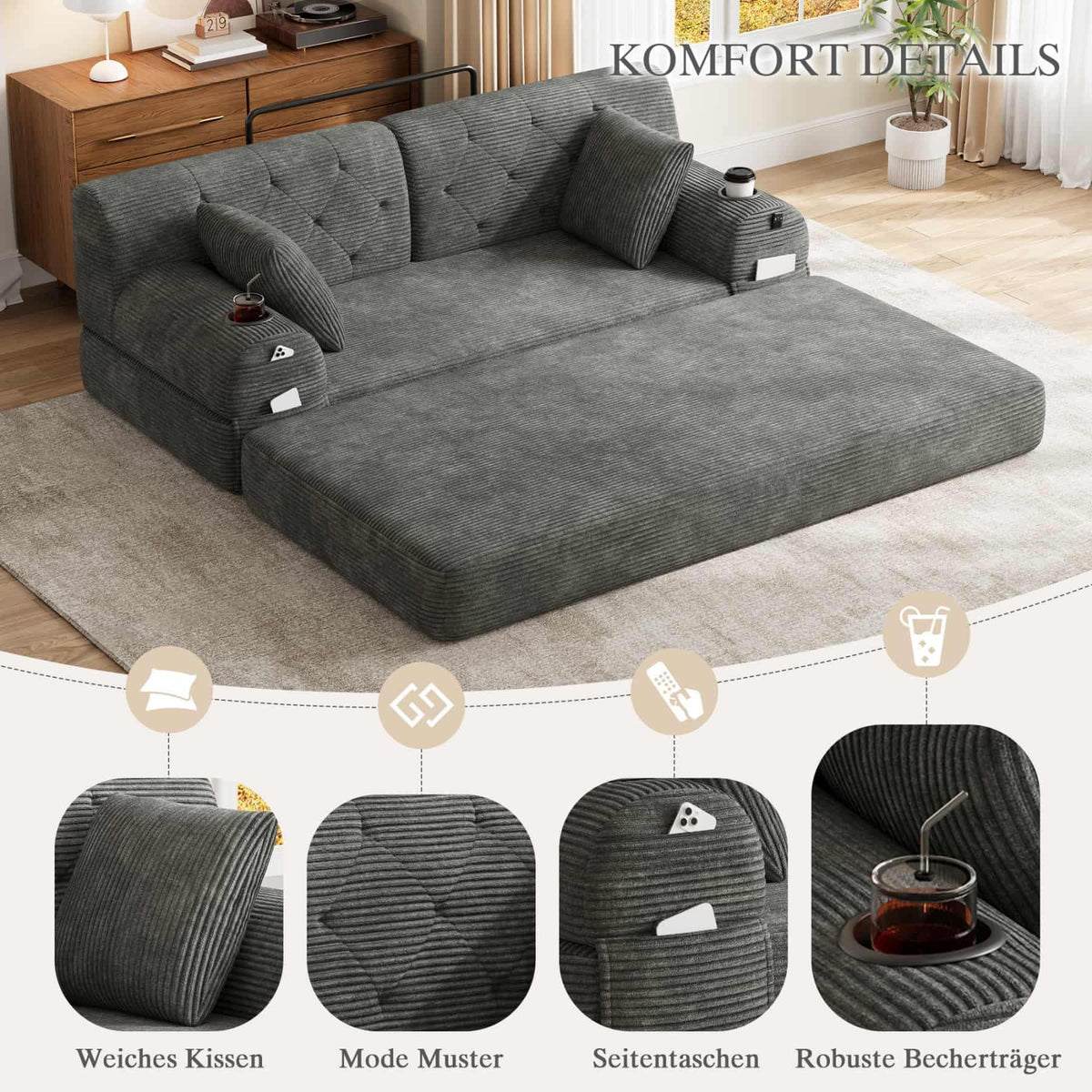 YEHTOKHOME - Sofá de Velor acanalado con respaldo alto y estructura metálica, sofá moderno de 2 plazas con 2 portavasos y 4 bolsillos laterales, para salón, dormitorio (Beige)