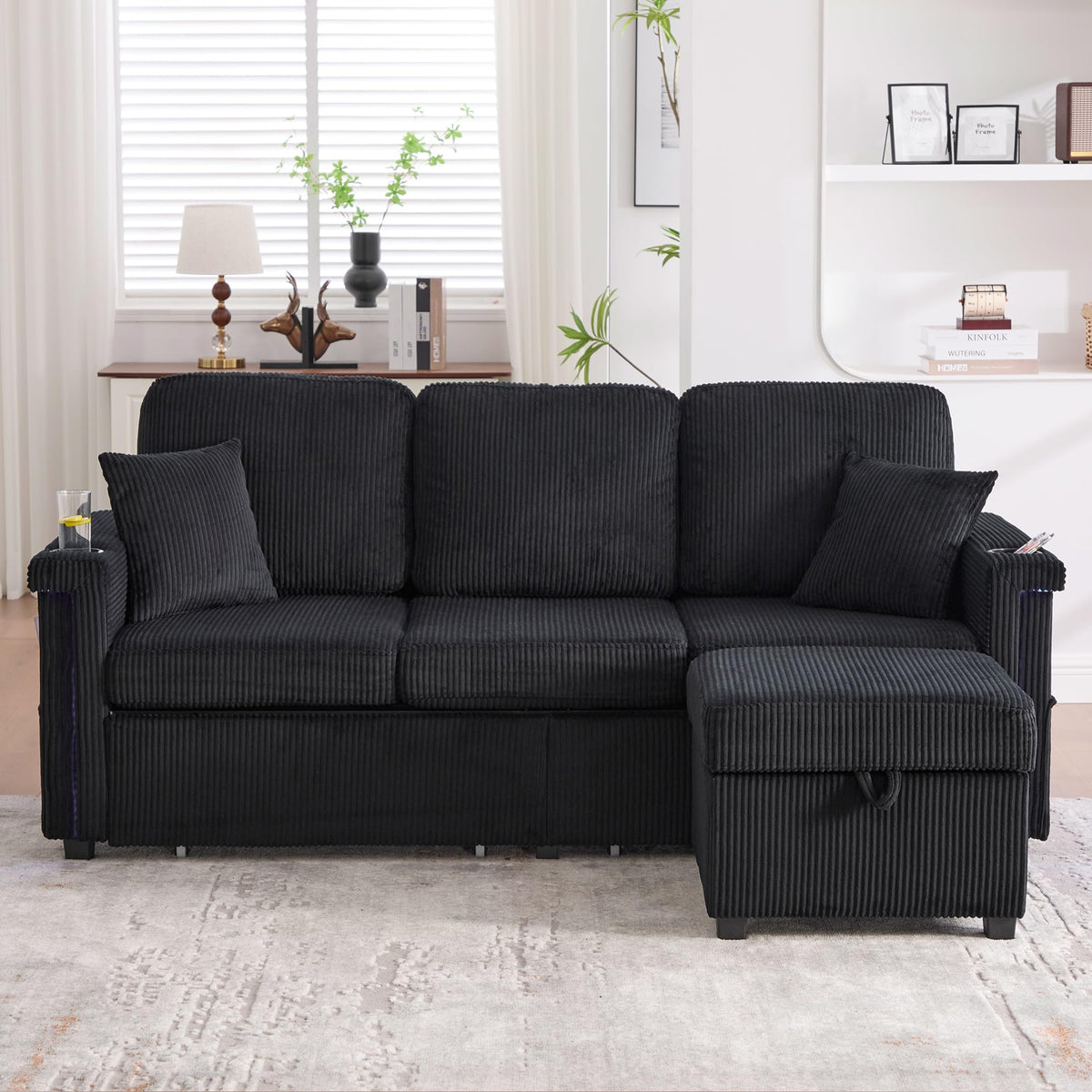 Lubvtti Sofá cama de 3 plazas moderno con función de cama, con espacio de almacenamiento, cargador USB, reposabrazos portaobjetos y 2 cojines, sofá de esquina en L, sofá de 3 plazas, chenilla (C-gris)